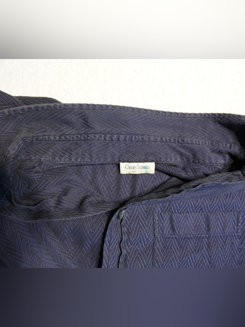 Gran Sasso Made in Italy Men's Long-Sleeve Navy Herringbone Button-Up Shirt - Picture 6 of 9
